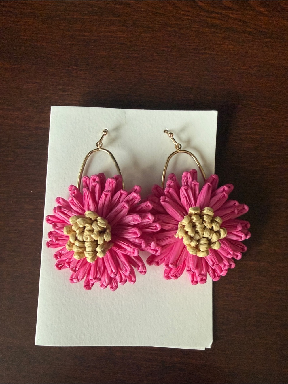 Pink Floral Raffia Drop Earrings with Gold Accent
